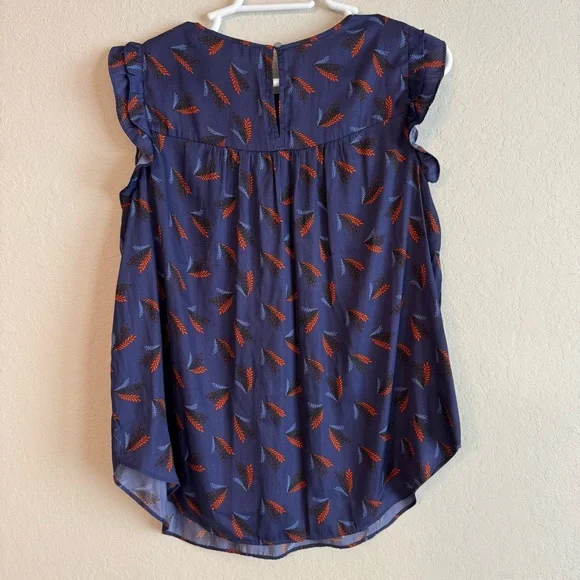 LOFT Flutter Short Sleeve Feather Blue and Orange Blouse Medium - Picture 4 of 4